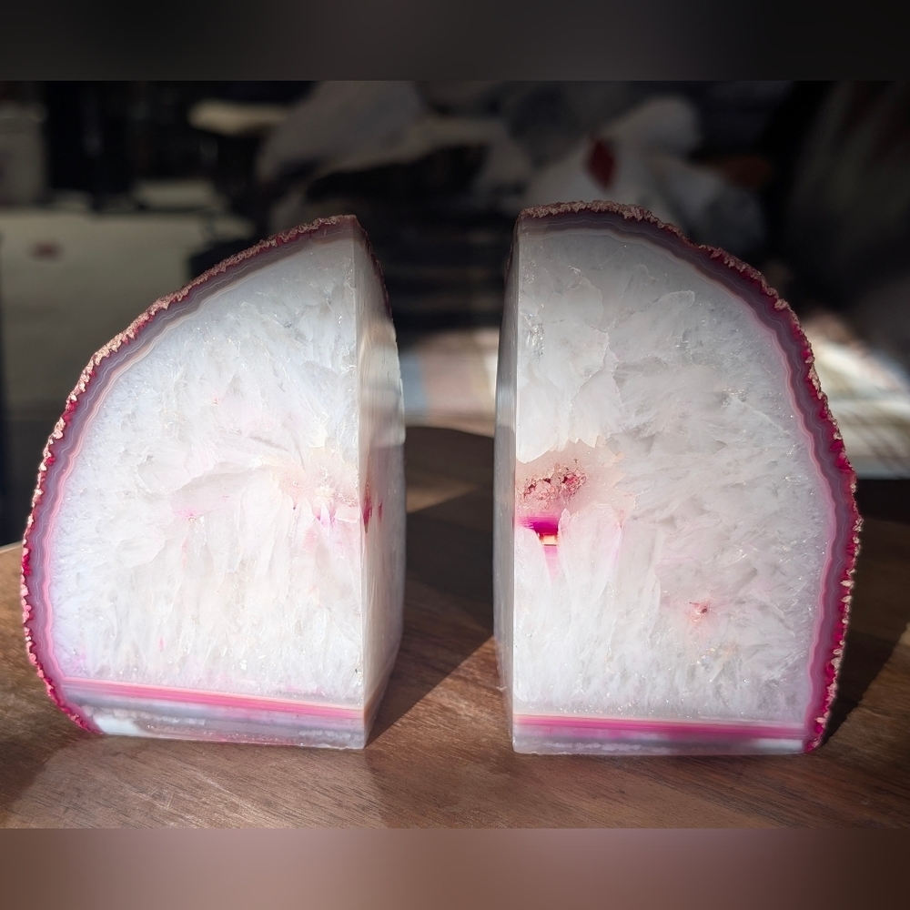 Brazilian Geode Pink White Quartz Agate Polished Bookends Set Dyed Stone Decor - Picture 1 of 11
